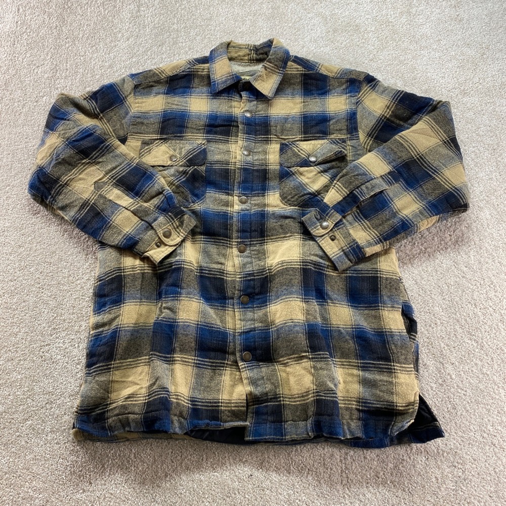 Rustic Ridge Flannel Shirt Jacket Mens Medium Tan Blue Plaid Fleece Lined Snap